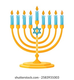 Menorah with nine lit candles. Hand drawn trendy flat style isolated icon Jewish holiday of Hanukkah traditional nine branched candelabrum. Happy Hanukkah Vector illustration