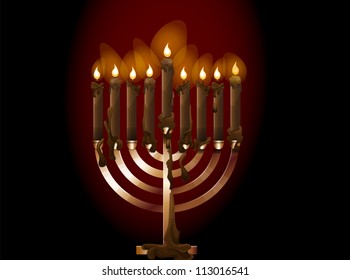 Menorah, a nine-branched candelabrum with lighted candles, vector illustration