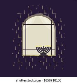 Menorah auf dem Fensterbrett. Vektorgrafik. Außenansicht des Hauses.