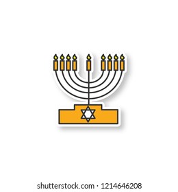 Menorah patch. Hanukkah candles. Jewish festival of lights. Feast of Dedication. Color sticker. Vector isolated illustration