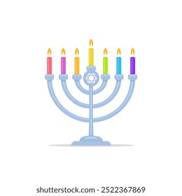 Menorah mit regenbogenfarbenen Kerzen, Vektorgrafik, flach, einzeln auf Weiß