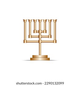 The menorah realistic 3d vector object a seven-branched candelabrum isolated on white background. Golden candle holder modern design without candles. Israel's national emblem symbol.