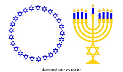 Menorah und ein runder Rahmen der Sterne von David. Jüdische Symbole... Flache Vektorgrafik einzeln auf Weiß.