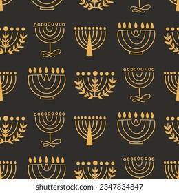 Menorah Seamless Pattern Hanukkah Background Illustration Wallpapers Design. Gold and Black Colors