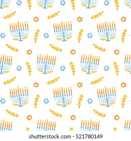 Menorah seamless pattern, isolated on white. Jewish holiday elegant background. Good for flyer, poster, banner, greeting card, wrapping paper, textile print, party invitation. Vector illustration