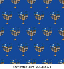 Menorah seamless vector background. Hanukkah repeating pattern blue gold yellow Jewish holiday. Hanukkah illustration for gift wrap, wrapping, greeting card. Happy Hanukkah. Vector illustrations