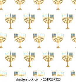 Menorah Seamless Vector Pattern. Jewish Holiday Hanukkah Repeating Background. Hanukkah Backdrop For Gift Wrap, Wrapping, Greeting Card And Graphic Design. Happy Hanukkah. Vector Illustration.