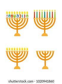 Menorah set, hanukkah menorah - jewish holiday candlesticks for nine candles, greeting inscription hebrew - Happy Hanukkah and seven-branched menorah, isolated on white background