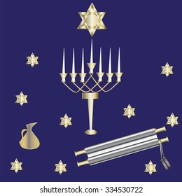 menorah seven candles gold Star of David Scroll jug dark blue background vector