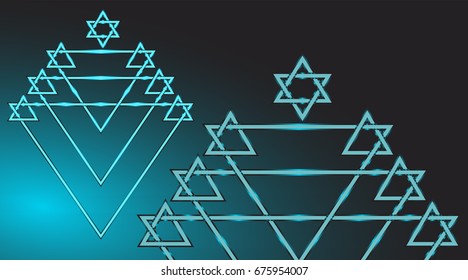 Menorah and Star of David religious  Jewish  festive geometric symbol from straight lines with a radiance of blue on a black background with a gradient
