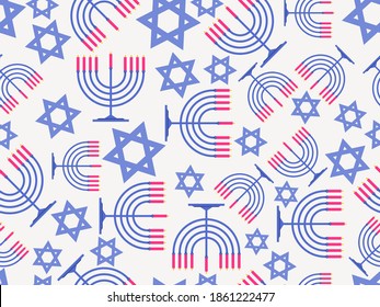 Menorah and Star of David seamless pattern. Hanukkah nine candles. Jewish festival greeting card. Vector illustration