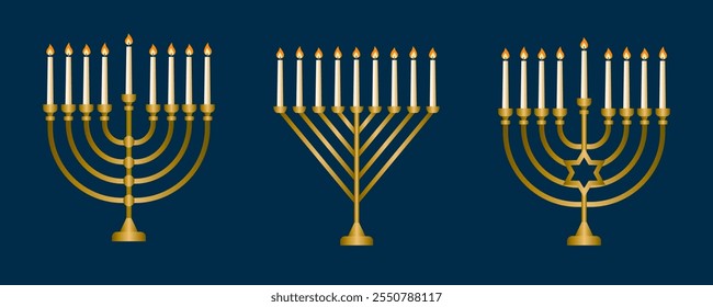 The Menorah is a symbol of the Jewish holiday of Hanukkah. A traditional candlestick with burning candles. Vector illustration