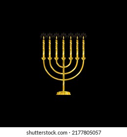 Menorah, symbol of Judaism, religious attribute. Lamp. Golden texture. Festive decorative element. Vector design.