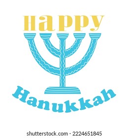 Menorah and text HAPPY HANUKKAH on white background