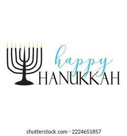 Menorah and text HAPPY HANUKKAH on white background