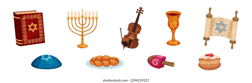 Menorah, Torah, Goblet, Scroll, Pastry and Dreidel as Hanukkah Symbols for Jewish Holiday Celebration Vector Set