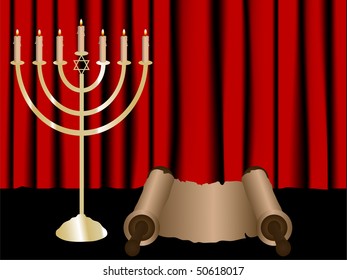 Menorah and Torah scroll on red satin background