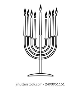 Menorah vector black and white image, happy hanukkah judaism religious holiday hebrew celebration, candelabrum with candles. Hebrew lampstand isolated on white background. Jewish holiday. 