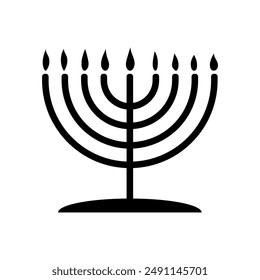 Menorah Vektorgrafik Schwarz-Weiß-Bild, Happy Hanukkah Judaism Religiöse Feiertage Hebräische Feier, Leuchter mit Kerzen. Hebräischer Lampenstand isoliert auf weißem Hintergrund. Jüdischer Urlaub. 