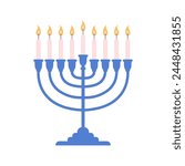 Menorah vector icon. Background for pesach Jewish holiday. Hanukkah menorah Jewish symbol isolated logo. Candles for celebration event. Greeting card with nine lit candles.. Vector flat illustration.