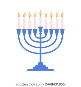 Menorah vector icon. Background for pesach Jewish holiday. Hanukkah menorah Jewish symbol isolated logo. Candles for celebration event. Greeting card with nine lit candles.. Vector flat illustration.