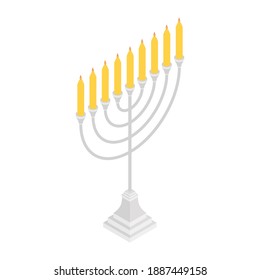 Menorah Vektorsymbol. Candelstick für Hanuka, glückliches neues Jahressymbol. Bibelkronleuchter. Isometrische Sicht