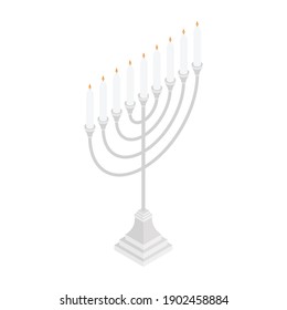 Menorah Vektorsymbol. Candelstick für Hanuka, glückliches neues Jahressymbol. Bibelkronleuchter. Isometrische Sicht