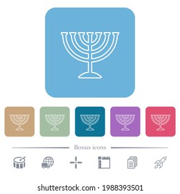 Menorah white flat icons on color rounded square backgrounds. 6 bonus icons included