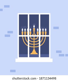 Menorah im Fenster. Hanukka. Vektorgrafik