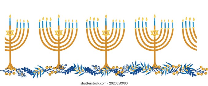 Menorahs seamless border vector. Hanukkah repeating pattern horizontal blue gold yellow Jewish holiday candle holder and olive branches. Candelabrum illustration for ribbon, greeting card, footers