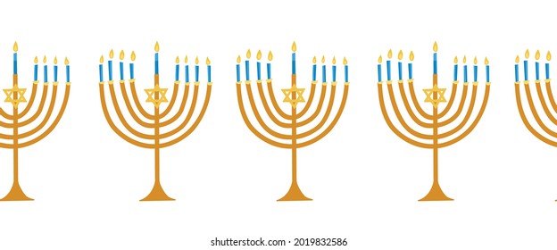 Menorahs nahtlose Vektorgrenze. Hanukkah Wiederholung Muster horizontalen blauen goldgelben jüdischen Feiertagskuchhalter. Hanukkah Candelabrum-Illustration für Banner, Grußkarte, Fußzeile, Kopfzeile