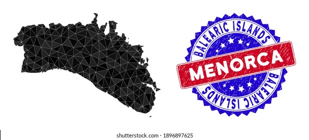 Menorca Island map polygonal mesh with filled triangles, and distress bicolor stamp seal. Triangle mosaic Menorca Island map with mesh vector model, triangles have variable sizes, and positions,