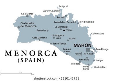 Menorca, or Minorca, gray political map, with capital Mahon or Port Mahon, official Mao. Island of the autonomous community of the Balearic Islands, located in the Mediterranean Sea and part of Spain.