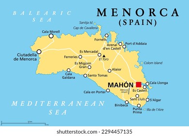 Menorca, or Minorca, political map, with capital Mahon or Port Mahon, official Mao. Island of the autonomous community of the Balearic Islands, located in the Mediterranean Sea, and part of Spain.