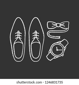 Mens accessories chalk icon. Dress code. Menswear. Men’s style and fashion. Shoes, wristwatch and tuxedo bow tie. Isolated vector chalkboard illustration