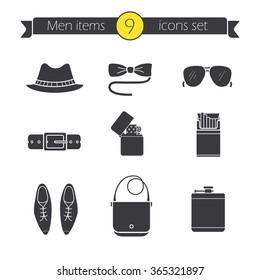 Men's accessories classic silhouette icons set. Hipster tuxedo butterfly tie and sunglasses. Homburg hat, leather belt, male shoes and handbag symbols. Vector logo concepts