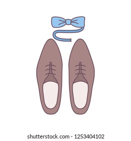 Mens accessories color icon. Dress code. Menswear. Men’s style and fashion. Shoes and tuxedo bow tie. Isolated vector illustration