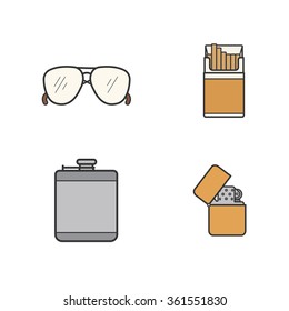 Men's accessories color icons set. Alcohol hip flask, open cigarette pack, sunglasses and flip lighter symbols. Everyday carry men items. Logo concepts. Vector isolated illustrations