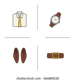 Men's accessories color icons set. White collar shirt with tie, wristwatch, leather belt and classic shoes. Menswear fashion items. Office dress code. Logo concepts. Vector isolated illustrations