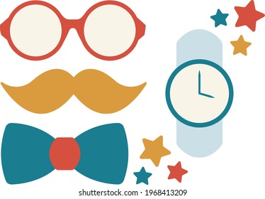 Men's Accessories. Color vector set for Happy Fathers Day. Glasses, bow tie, mustache, stars. 