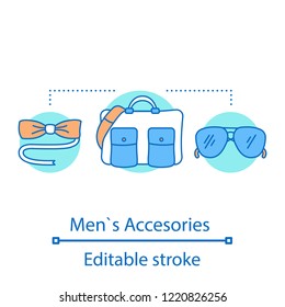 Men's accessories concept icon. Bowtie, handbag, sunglasses. Fashion style idea thin line illustration. Vector isolated outline drawing. Editable stroke