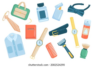 Mens accessories cute elements isolated set. Collection of briefcase, tie, perfume, lighter, shaving cream and brush, watch, razor, comb, shirt, notebook. Vector illustration in flat cartoon design