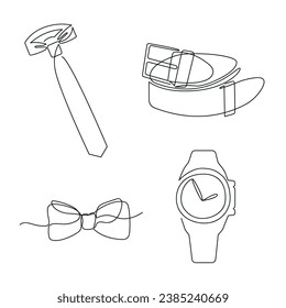 Men's accessories drawn in one continuous line. One line drawing, minimalism. Vector illustration.