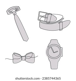 Men's accessories drawn in one continuous line in color. One line drawing, minimalism. Vector illustration.