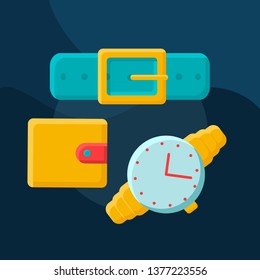 Mens accessories flat concept vector icon. Mens fashion idea cartoon color illustrations set. Wallet, wrist watch and belt. Male accessories shop. Formal style. Isolated graphic design element