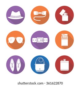 Men's accessories flat design long shadow icons set. Hipster tuxedo butterfly tie and sunglasses. Homburg hat, cigarette pack and flip lighter. Logo concepts. Vector white silhouette illustrations