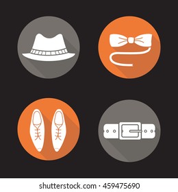 Men's accessories flat design long shadow icons set. Homburg hat, butterfly bow tie, classic leather shoes and belt. Vector symbols
