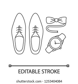 Mens accessories linear icon. Dress code. Thin line illustration. Menswear. Men'??s style and fashion. Shoes, wristwatch and tuxedo bow tie. Contour vector isolated outline drawing. Editable stroke