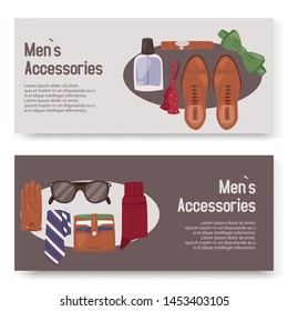 Mens accessories outfits set of banners vector illustration. Clothing essentials shoes, gloves, tie, bow. Every day carry objects such as parfume and umbrella with glasses.