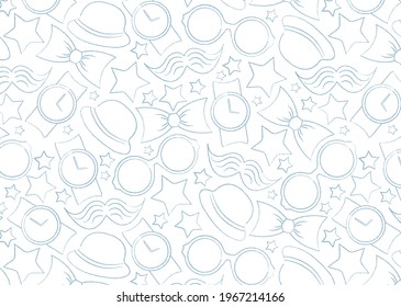 Men's Accessories. Seamless vector pattern for Happy Fathers Day.Hat, glasses, bow tie, mustache, smartphone, stars.
